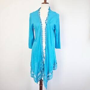 Chico's Blue Linen Blend Tassel Cardigan Lagenlook Open Front Sweater Large